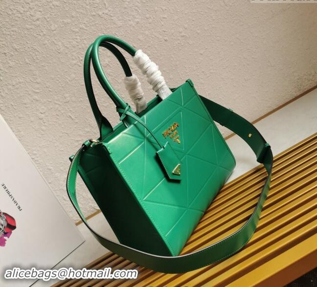 Best Price Prada Small Leather Symbole Tote Bag with Topstitching 1BA379 Green 2023