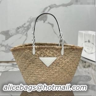 Top Grade Prada Woven Palm and Leather Tote Bag 1BG314 Beige/White 2023