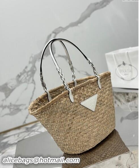 Top Grade Prada Woven Palm and Leather Tote Bag 1BG314 Beige/White 2023