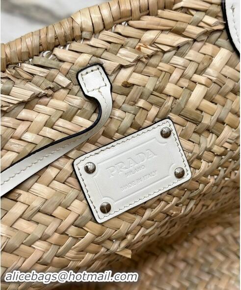 Top Grade Prada Woven Palm and Leather Tote Bag 1BG314 Beige/White 2023