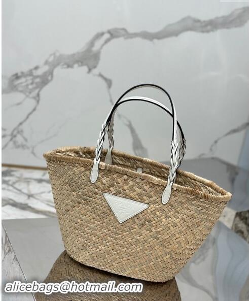 Top Grade Prada Woven Palm and Leather Tote Bag 1BG314 Beige/White 2023