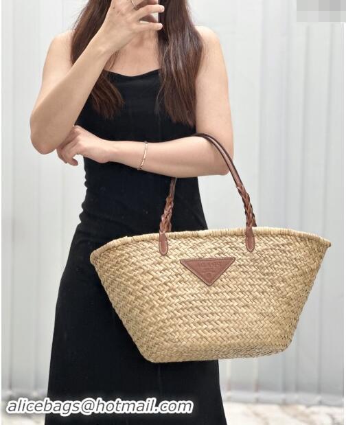 Top Grade Prada Woven Palm and Leather Tote Bag 1BG314 Beige/White 2023