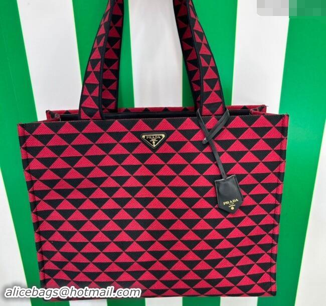 Luxury Cheap Prada Symbole tote bag in embroidered fabric 2VG106 Black/Cherry Red 2023