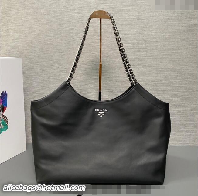 Well Crafted Prada Leather Tote Bag with Chain 1BA638 Black 2023