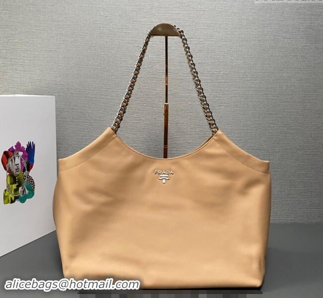 Top Design Prada Leather Tote Bag with Chain 1BA638 Beige 2023