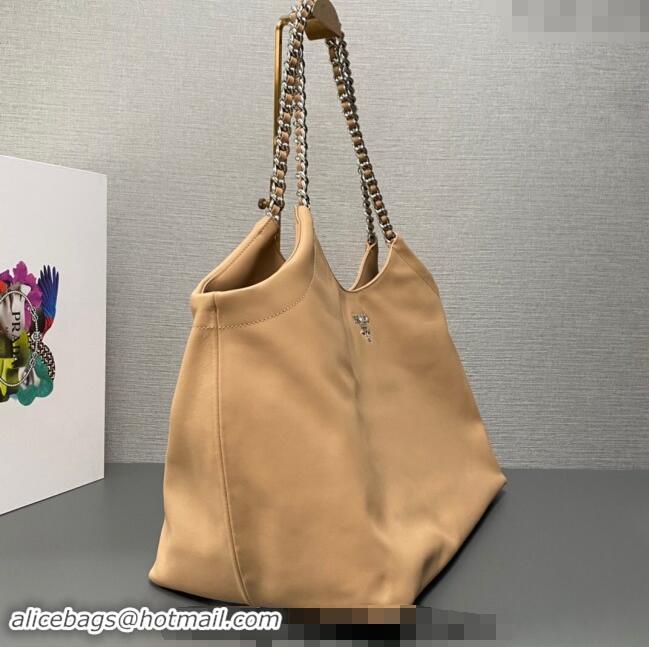 Top Design Prada Leather Tote Bag with Chain 1BA638 Beige 2023