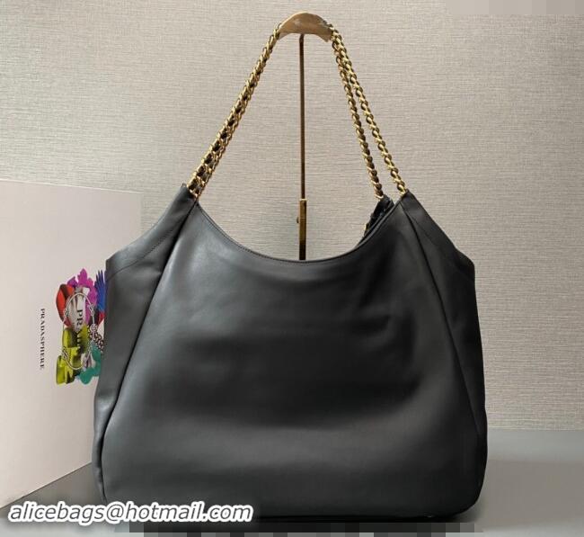 Traditional Discount Prada Calfskin Tote Bag with Chain 1BA638 Black 2023