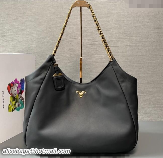 Traditional Discount Prada Calfskin Tote Bag with Chain 1BA638 Black 2023