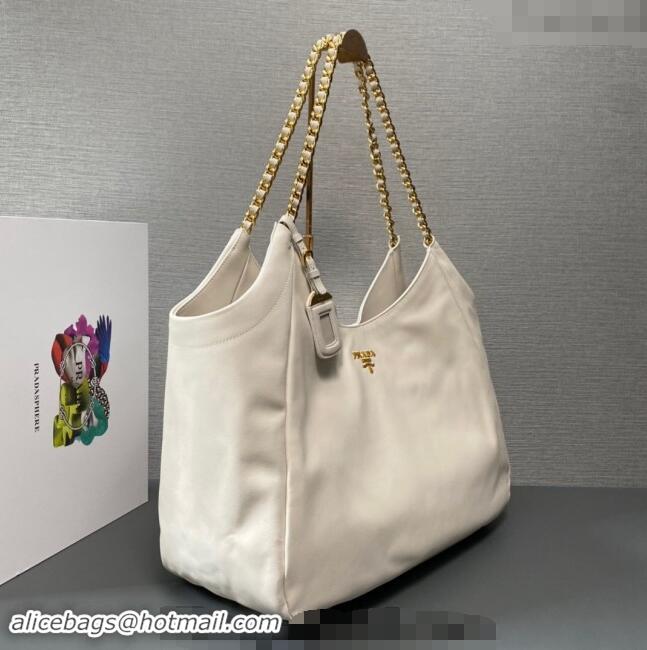 Top Grade Prada Calfskin Tote Bag with Chain 1BA638 White 2023