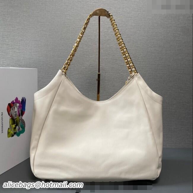 Top Grade Prada Calfskin Tote Bag with Chain 1BA638 White 2023