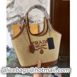 Luxury Cheap Prada Straw Shopping Tote Bag 0709 Khaki/Brown 2024