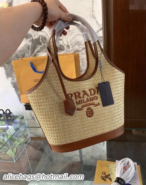 Luxury Cheap Prada Straw Shopping Tote Bag 0709 Khaki/Brown 2024