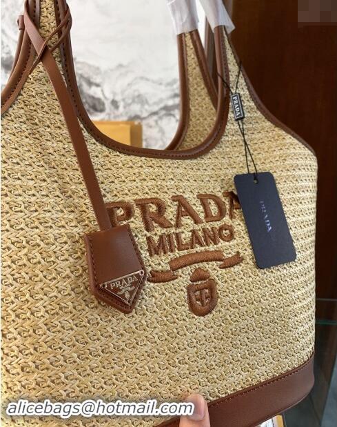 Luxury Cheap Prada Straw Shopping Tote Bag 0709 Khaki/Brown 2024