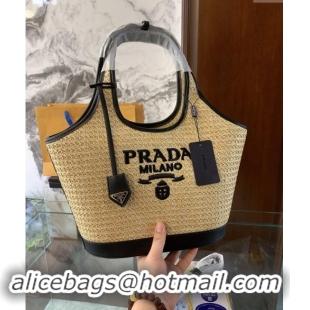 Super Quality Prada Straw Shopping Tote Bag 0709 Khaki/Black 2024