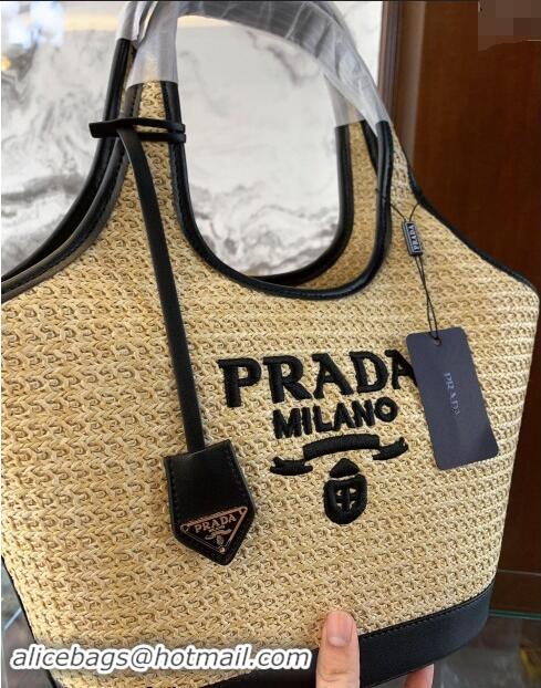 Super Quality Prada Straw Shopping Tote Bag 0709 Khaki/Black 2024