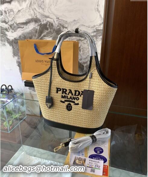 Super Quality Prada Straw Shopping Tote Bag 0709 Khaki/Black 2024