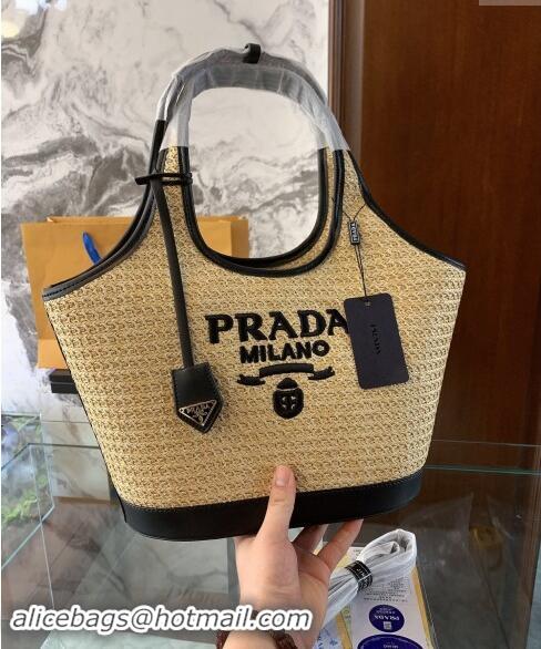 Super Quality Prada Straw Shopping Tote Bag 0709 Khaki/Black 2024