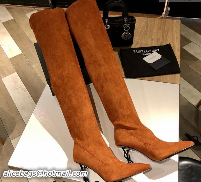 Perfect Saint Laurent STRETCH-FIT Suede Over-the-knee High Boots with 10cm YSL Heel Brown 010007