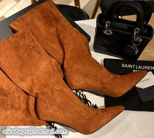 Perfect Saint Laurent STRETCH-FIT Suede Over-the-knee High Boots with 10cm YSL Heel Brown 010007