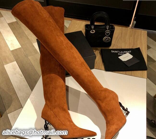 Perfect Saint Laurent STRETCH-FIT Suede Over-the-knee High Boots with 10cm YSL Heel Brown 010007