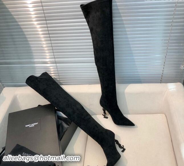 Classic Hot Saint Laurent STRETCH-FIT Suede Over-the-knee High Boots with 10cm YSL Heel Black 010008