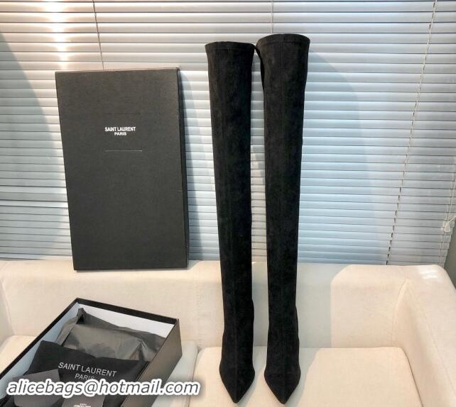 Classic Hot Saint Laurent STRETCH-FIT Suede Over-the-knee High Boots with 10cm YSL Heel Black 010008