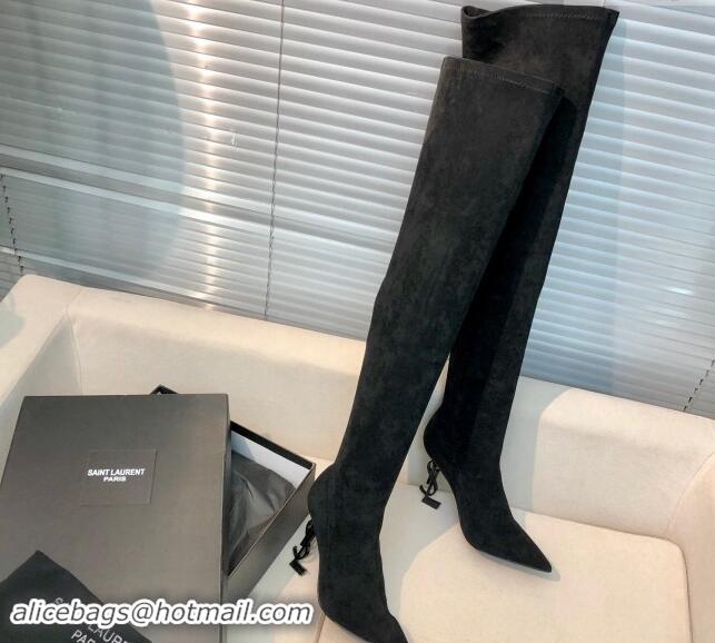 Classic Hot Saint Laurent STRETCH-FIT Suede Over-the-knee High Boots with 10cm YSL Heel Black 010008