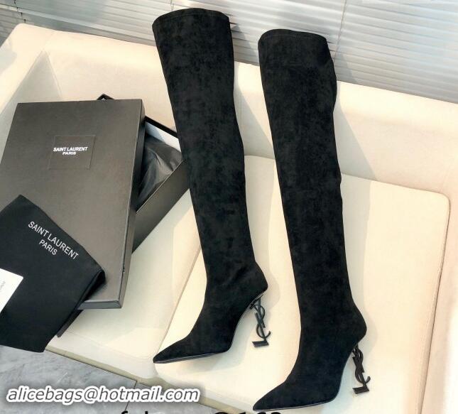 Classic Hot Saint Laurent STRETCH-FIT Suede Over-the-knee High Boots with 10cm YSL Heel Black 010008