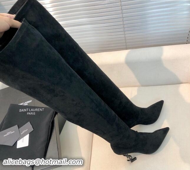 Classic Hot Saint Laurent STRETCH-FIT Suede Over-the-knee High Boots with 10cm YSL Heel Black 010008