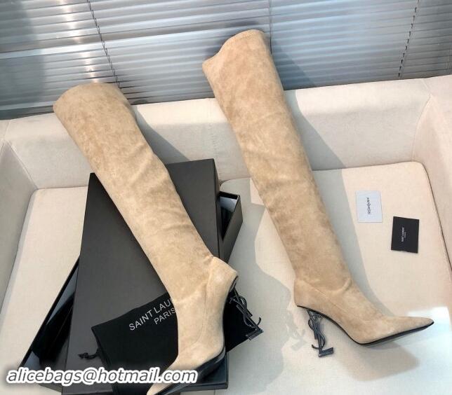 Pretty Style Saint Laurent STRETCH-FIT Suede Over-the-knee High Boots with 10cm YSL Heel Beige 010009