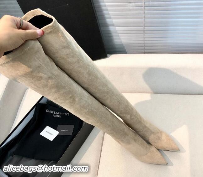 Pretty Style Saint Laurent STRETCH-FIT Suede Over-the-knee High Boots with 10cm YSL Heel Beige 010009