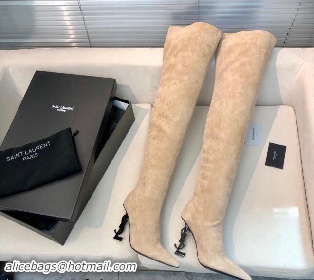 Pretty Style Saint Laurent STRETCH-FIT Suede Over-the-knee High Boots with 10cm YSL Heel Beige 010009