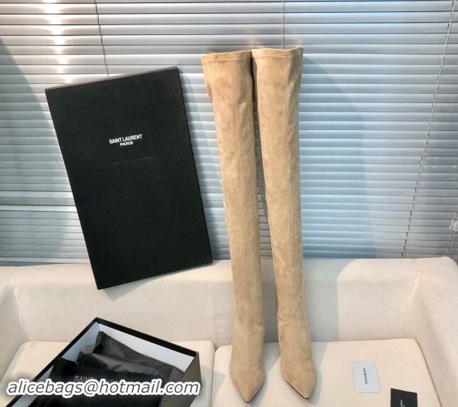 Pretty Style Saint Laurent STRETCH-FIT Suede Over-the-knee High Boots with 10cm YSL Heel Beige 010009