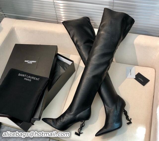 Purchase Saint Laurent STRETCH-FIT Leather Over-the-knee High Boots with 10cm YSL Heel Black 010010