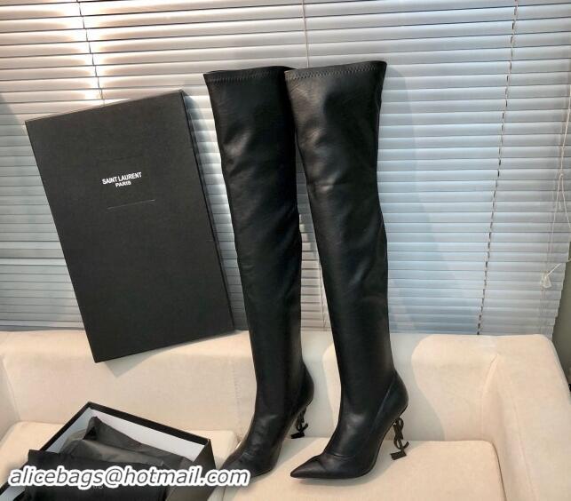 Purchase Saint Laurent STRETCH-FIT Leather Over-the-knee High Boots with 10cm YSL Heel Black 010010