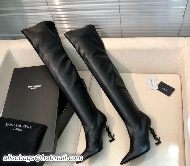 Purchase Saint Laurent STRETCH-FIT Leather Over-the-knee High Boots with 10cm YSL Heel Black 010010