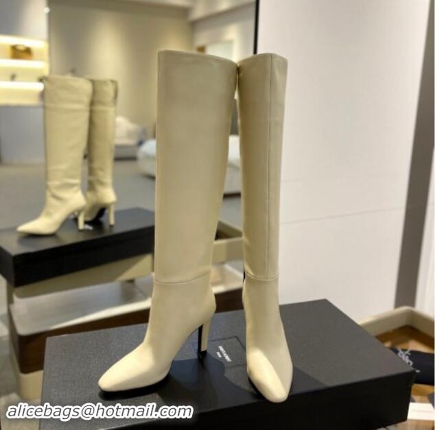 Best Grade Saint Laurent Calfskin Leather Over-the-knee High Boots 9.5cm White 010012 