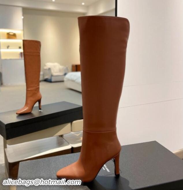 Top Design Saint Laurent Calfskin Leather Over-the-knee High Boots 9.5cm Brown 1010013