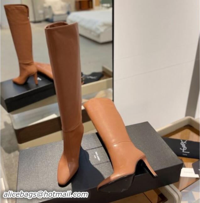 Top Design Saint Laurent Calfskin Leather Over-the-knee High Boots 9.5cm Brown 1010013