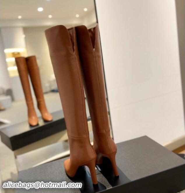 Top Design Saint Laurent Calfskin Leather Over-the-knee High Boots 9.5cm Brown 1010013