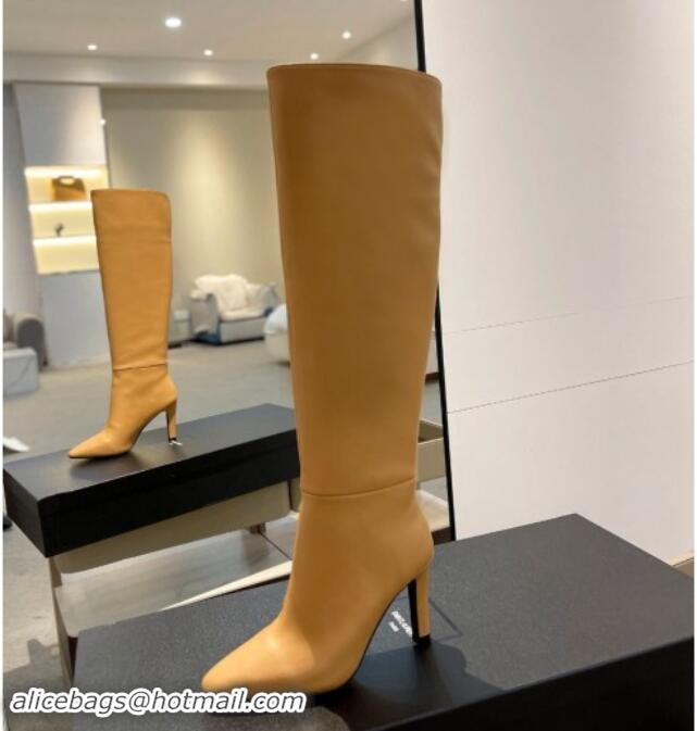 Top Grade Saint Laurent Calfskin Leather Over-the-knee High Boots 9.5cm Apricot 1010014