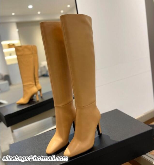 Top Grade Saint Laurent Calfskin Leather Over-the-knee High Boots 9.5cm Apricot 1010014