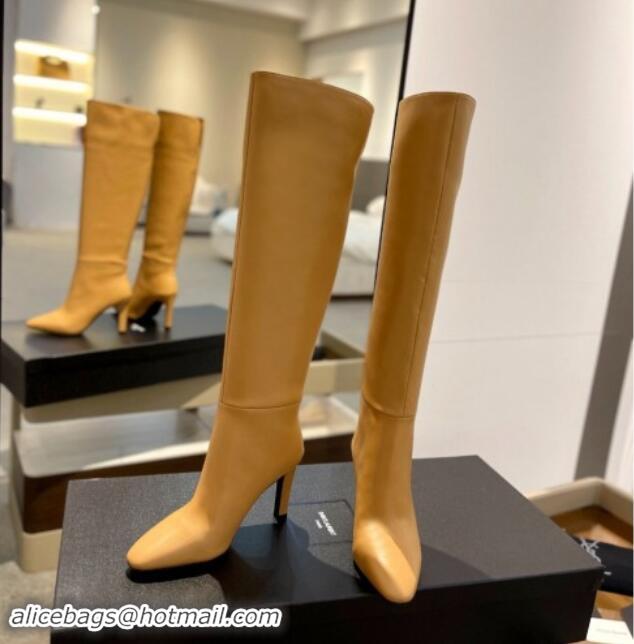 Top Grade Saint Laurent Calfskin Leather Over-the-knee High Boots 9.5cm Apricot 1010014