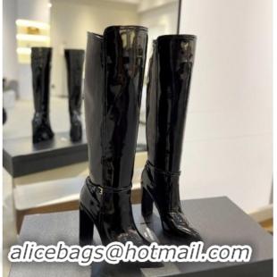 Low Price Saint Laurent Patent Leather High Boots 9.5cm with Buckle Strap Black 1010016