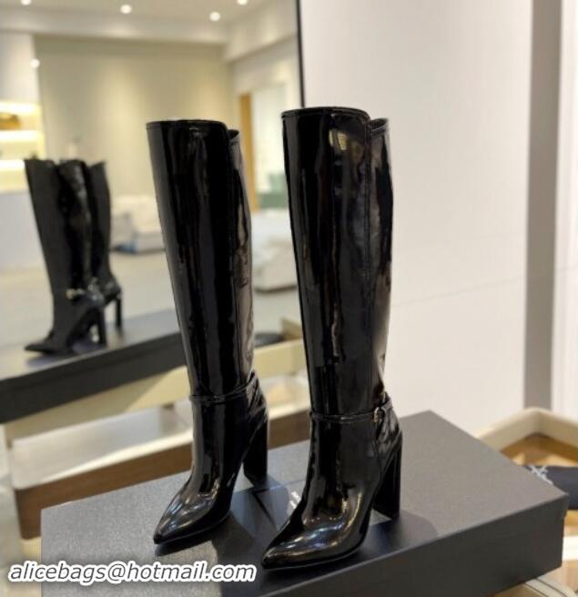 Low Price Saint Laurent Patent Leather High Boots 9.5cm with Buckle Strap Black 1010016