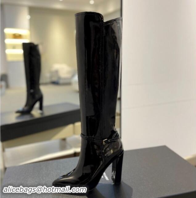 Low Price Saint Laurent Patent Leather High Boots 9.5cm with Buckle Strap Black 1010016