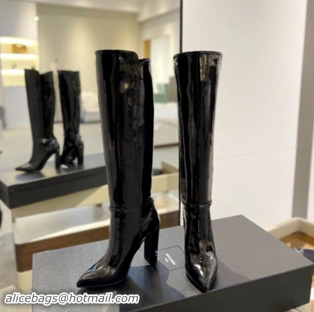 Low Price Saint Laurent Patent Leather High Boots 9.5cm with Buckle Strap Black 1010016