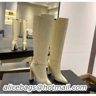 Good Looking Saint Laurent Calfskin Leather High Boots 9.5cm with Buckle Strap White 1010017