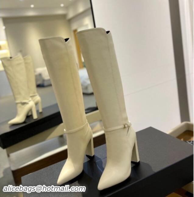 Good Looking Saint Laurent Calfskin Leather High Boots 9.5cm with Buckle Strap White 1010017