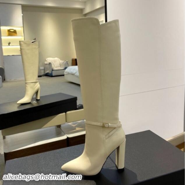 Good Looking Saint Laurent Calfskin Leather High Boots 9.5cm with Buckle Strap White 1010017